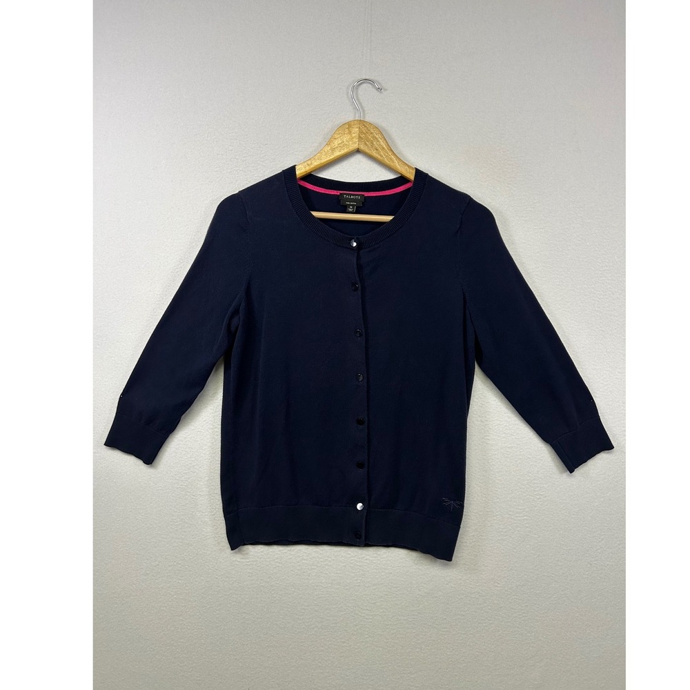 Preppy Talbots Womens Size M Navy Blue Pima Cotton 3/4 Sleeve Button Cardigan